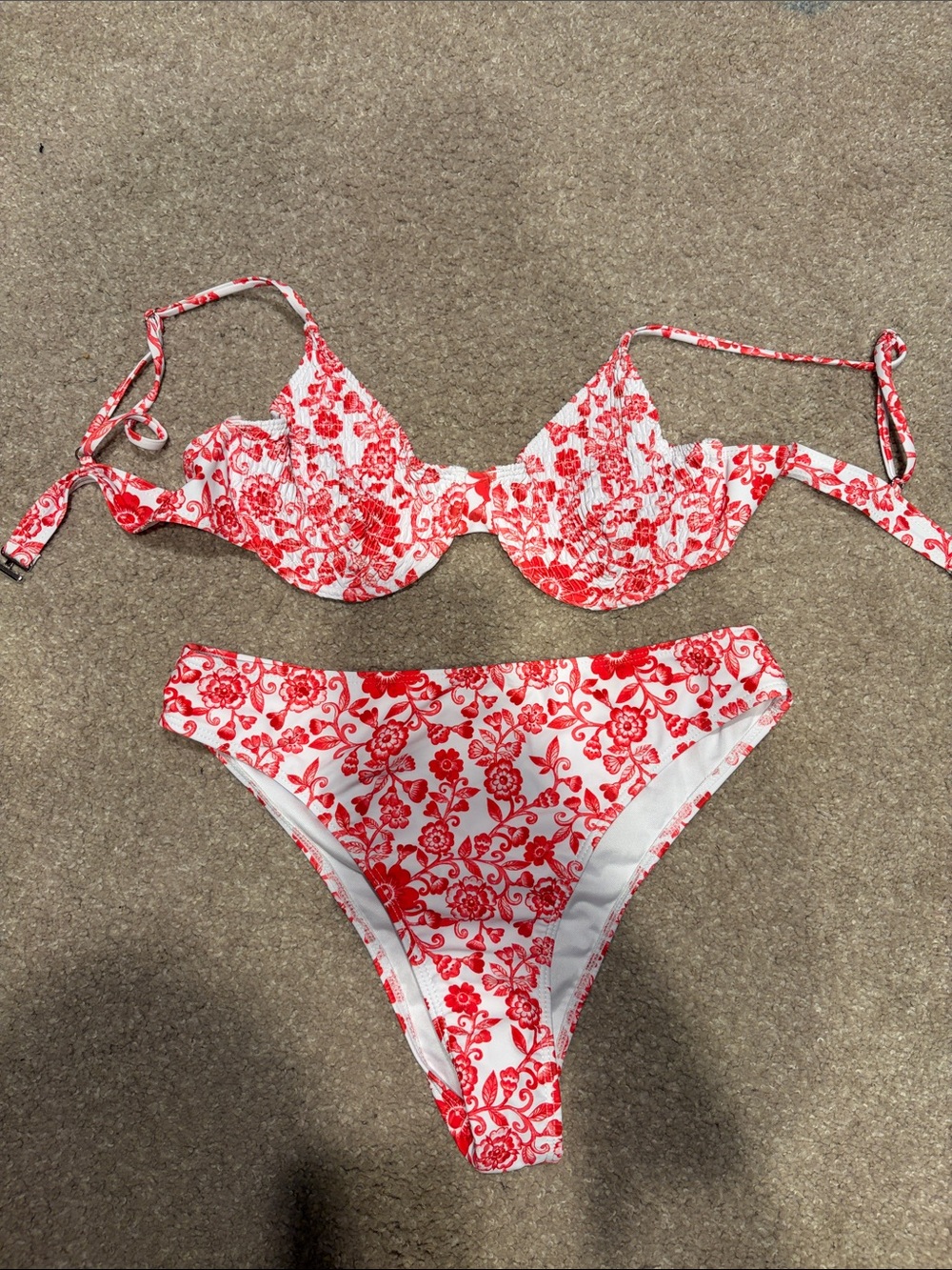 Red and White Floral Underwire Bikini Set